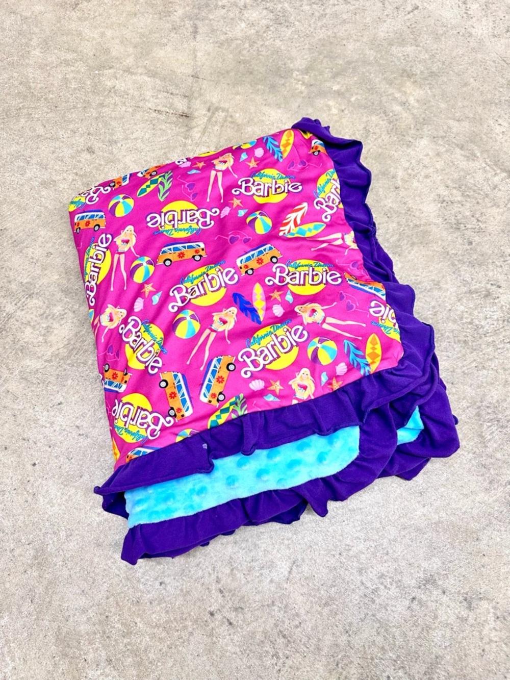 Barbie Hot Pink & Purple Ruffle Throw with Aqua Backing
